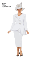 Giovanna <br> (2026) <br> GVG1183 <br> <br> White <br> 8 10 12 14 16 18 20 22 24<br><br>2pc Scuba Stoned Uneven Peplum Jacket & Skirt Suit