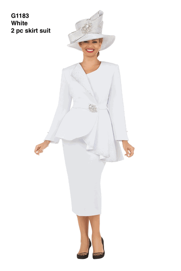 Giovanna <br> (2026) <br> GVG1183 <br> <br> White <br> 8 10 12 14 16 18 20 22 24<br><br>2pc Scuba Stoned Uneven Peplum Jacket & Skirt Suit