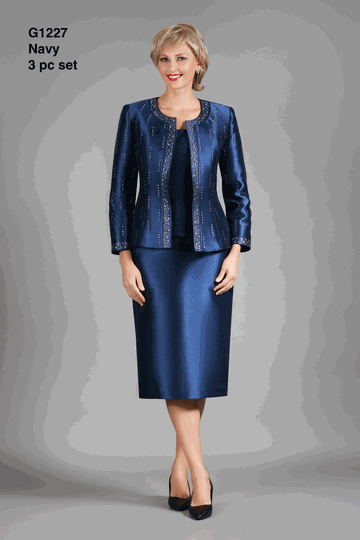 Giovanna <br> (2026) <br> GVG1227 <br> <br> Navy <br> 8 10 12 14 16 18 20 22 24 16w 18w 20w 22w 24w 26w<br><br>3pc Silky Twill Skirt Suit w/ Meteoric Stones