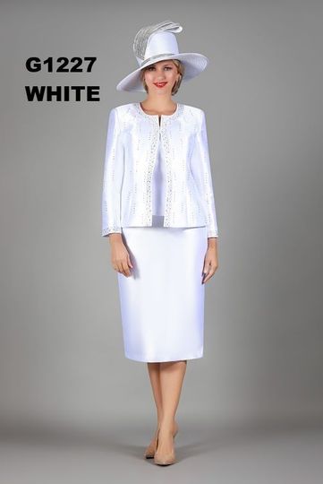 Giovanna <br> (2026) <br> GVG1227 <br> <br> Snow-White <br> 8 10 12 14 16 18 <br> 16w 18w 20w 22w 24w 26w <br><br>3pc Silky Twill Skirt Suit w/Meteoric Stones