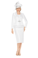 Giovanna <br> (2025) <br> GVG1316 <br> <br> White <br> 8 10 12 14 16 18 <br> 16w 18w 20w 22w 24w 26w <br><br>3pc Silky Twill Skirt Suit w/ Cutouts & Stones