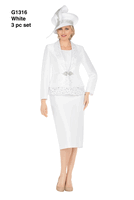Giovanna <br> (2026) <br> GVG1316 <br> <br> White <br> 8 10 12 14 16 18 <br> 16w 18w 20w 22w 24w 26w<br><br>3pc Silky Twill Skirt Suit w/ Cutouts & Stones