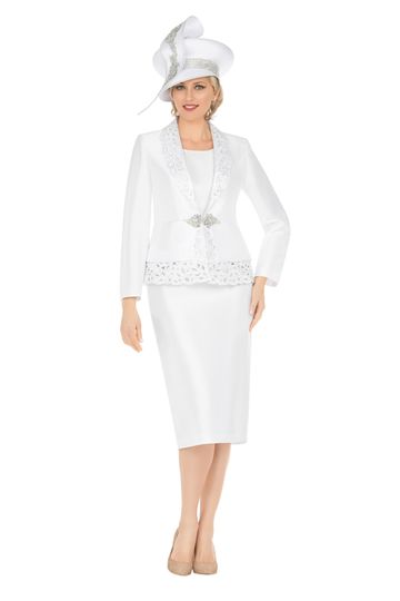 Giovanna <br> (2025) <br> GVG1316 <br> <br> White <br> 8 10 12 14 16 18 <br> 16w 18w 20w 22w 24w 26w <br><br>3pc Silky Twill Skirt Suit w/ Cutouts & Stones