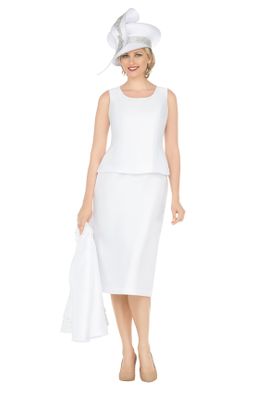 Giovanna <br> (2025) <br> GVG1316 <br> <br> White <br> 8 10 12 14 16 18 <br> 16w 18w 20w 22w 24w 26w <br><br>3pc Silky Twill Skirt Suit w/ Cutouts & Stones
