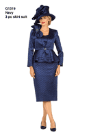 Giovanna <br> (2026) <br> GVG1319 <br> <br> Navy <br> 8 10 12 14 16 18 <br> 14w 16w 18w 20w 22w 24w <br><br>3pc Quilted Peplum Skirt Suit with Brooch