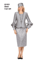 Giovanna <br> (2026) <br> GVG1321 <br> <br> Steel <br> 8 10 12 14 16 18 <br> 16w 18w 20w 22w 24w<br><br>3pc Ruffle-Cuff Jacket, Cami & Fringe Skirt Suit