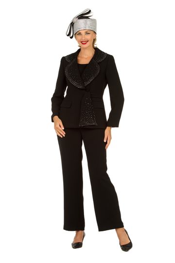 Giovanna <br> (2025) <br> GVs0760 <br> <br> Black <br> 8 10 12 14 16 18 20<br><br>3pc Wide Collar Pants Suit with Rhinestone Detail