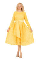 Giovanna <br> (2026) <br> GVD1556-Ye <br> <br> Yellow-Gold <br> 8 10 12 14 16 18<br>16w 18w 20w 22w 24w 26w<br><br>Elegant Bloom Eyelet Lace Fit & Flare Belted Dress