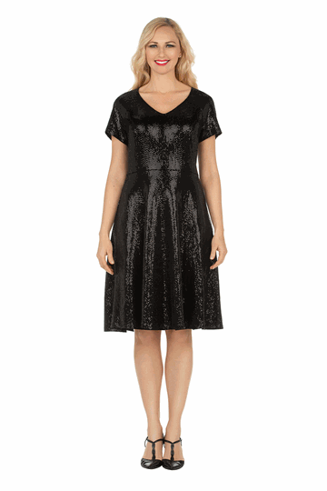 Giovanna <br> (2026) <br> GVD1620-Bl <br> <br> Black-Black <br> 8 10 12 14 16 18<br>14w 16w 18w 20w 22w 24w<br><br>Short Sleeve V-neck Sequins Fit-and-Flare Dress