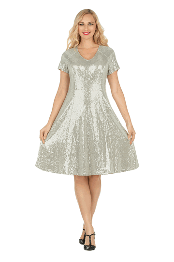 Giovanna <br> (2026) <br> GVD1620-Ch <br> <br> Champagne <br> 8 10 12 14 16 18<br>14w 16w 18w 20w 22w 24w<br><br>Short Sleeve V-neck Sequins Fit-and-Flare Dress