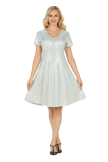 Giovanna <br> (2026) <br> GVD1620-Wh <br> <br> White-Multi <br> 8 10 12 14 16 18<br>14w 16w 18w 20w 22w 24w<br><br>Short Sleeve V-neck Sequins Fit-and-Flare Dress