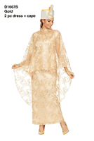 Giovanna <br> (2026) <br> GVD1667B <br> <br> Gold <br> 8 10 12 14 16 18 <br> 16w 18w 20w 22w 24w 26w 28w <br><br>2pc Lux Sequined Lace Dress + Hi-low Cape