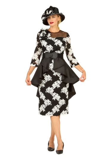Giovanna <br> (2026) <br> GVD1676 <br> <br> Black/White <br> 8 10 12 14 16 18 <br> 16w 18w 20w 22w 24w<br><br>Two-Tone Lace Midi Dress w/Ruffle Peplum & Belt