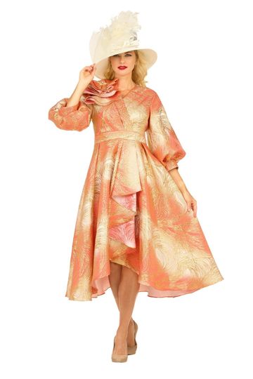 Giovanna <br> (2026) <br> GVD1679 <br> <br> Orange <br> 8 10 12 14 16 18 <br> 16w 18w 20w 22w 24w<br><br>Hi-Lo A-Line Brocade Dress w/Shoulder Flower