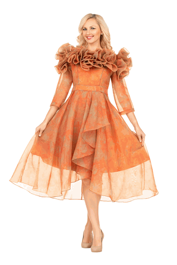 Giovanna <br> (2026) <br> GVD1685 <br> <br> Orange-Multi <br> 8 10 12 14 16 18 20 22 <br><br>Orange Ruffle Collar High-Low Organza Dress