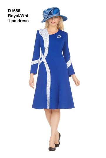 Giovanna <br> (2026) <br> GVD1686 <br> <br> Royal <br> 8 10 12 14 16 18 <br> 16w 18w 20w 22w 24w<br><br>Stoned Scuba Color Block A-line Dress w/Brooch