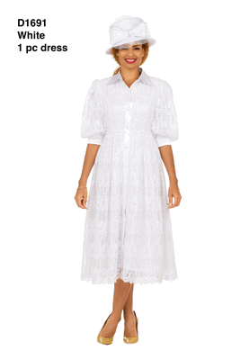 Giovanna <br> (2026) <br> GVD1691-Wh <br> <br> White <br> 8 10 12 14 16 18<br>14w 16w 18w 20w 22w 24w 26w 28w<br><br>A-line Puffy Sleeve Button Down Lace Dress