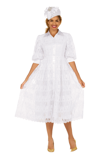 Giovanna <br> (2026) <br> GVD1691 <br> <br> White <br> 8 10 12 14 16 18 <br> 16w 18w 20w 22w 24w 26w 28w<br><br>A-line Puffy Sleeve Button Down Lace Dress