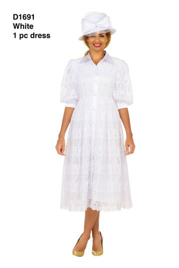 Giovanna <br> (2026) <br> GVD1691 <br> <br> White <br> 8 10 12 14 16 18 <br> 16w 18w 20w 22w 24w 26w 28w <br><br>A-line Puffy Sleeve Button Down Lace Dress