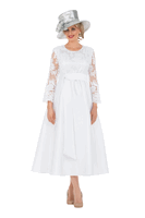Giovanna <br> (2026) <br> GVD1693-Wh <br> <br> White <br> 8 10 12 14 16 18<br>16w 18w 20w 22w 24w 26w 28w<br><br>Graceful White Lace Sleeve Tea-Length Occasion Dress