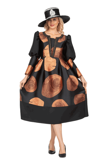 Giovanna <br> (2026) <br> GVD1697 <br> <br> Black/Copper <br> 8 10 12 14 16 18 <br> 16w 18w 20w 22w 24w<br><br>Statement Swirl Print Silky Twill Couture Dress