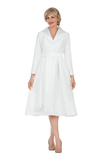 Giovanna <br> (2026) <br> GVD1699-Wh <br> <br> White <br> 8 10 12 14 16 18<br>16w 18w 20w 22w 24w 26w 28w<br><br>Stone Embellished Silky Twill Belted Midi Dress