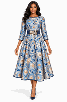 Giovanna <br> (2026) <br> GVD1709-Bl <br> <br> Blue-Multi <br> 8 10 12 14 16 18 20 22<br><br>Blue Swirl Print Belted Silky Twill Midi Dress