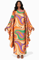 Giovanna <br> (2026) <br> GVD1711-Or <br> <br> Orange-Multi <br> 8 10 12 14 16 18 20 22<br><br>Retro Swirl Print Silky Twill Kaftan Maxi Dress