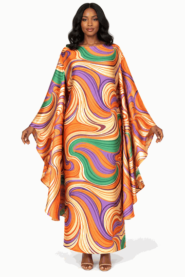 Giovanna <br> (2026) <br> GVD1711-Or <br> <br> Orange-Multi <br> 8 10 12 14 16 18 20 22<br><br>Retro Swirl Print Silky Twill Kaftan Maxi Dress