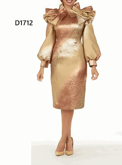 Giovanna <br> (2026) <br> GVD1712 <br> <br> Copper <br> 10 12 14 16 18 <br> 16w 18w 20w 22w 24w<br><br>Copper Metallic Brocade Ruffle-Shoulder Midi Dress