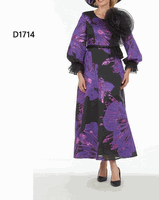 Giovanna <br> (2026) <br> GVD1714 <br> <br> Purple/Black <br> 8 10 12 14 16 18 <br> 16w 18w 20w 22w 24w<br><br>Metallic Brocade A-line Dress w/ Statement Flower