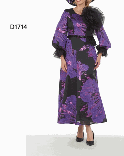 Giovanna <br> (2026) <br> GVD1714 <br> <br> Purple/Black <br> 8 10 12 14 16 18 <br> 16w 18w 20w 22w 24w<br><br>Metallic Brocade A-line Dress w/ Statement Flower