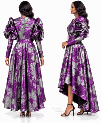 Giovanna <br> (2026) <br> GVD1716-Pu <br> <br> Purple-Silver <br> 8 10 12 14 16 18 20 22<br><br>Metallic Puff-Sleeve Wrap V-neck High-Low Dress Giovanna <br> (2026) <br> GVD1716-Pu <br> <br> Purple-Silver <br> 8 10 12 14 16 18 20 22<br><br>Metallic Puff-Sleeve Wrap V-neck High-Low Dress