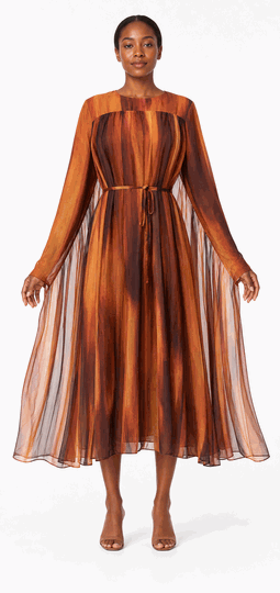 Giovanna <br> (2026) <br> GVD1718 <br> <br> Burnt-Orange <br> S M L XL 1X 2X 3X<br><br>Sunset Cascade Printed Chiffon Cape Dress