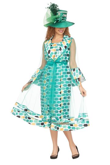 Giovanna <br> (2026) <br> GVD7218 <br> <br> Green/Gold <br> 8 10 12 14 16 18 <br> 16w 18w 20w 22w 24w<br><br>Dot Print 2pc Bell Sleeve Sheer Jacket Dress Set