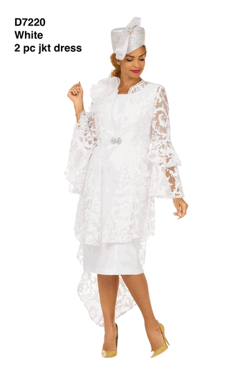 Giovanna <br> (2026) <br> GVD7220 <br> <br> White <br> 8 10 12 14 16 18 <br> 16w 18w 20w 22w 24w<br><br>Lace Hi-Lo 2pc Jacket Dress w/ Flounce Sleeves