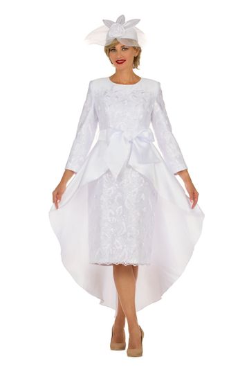 Giovanna <br> (2026) <br> GVD7221 <br> <br> White <br> 8 10 12 14 16 18 <br> 16w 18w 20w 22w 24w<br><br>Sequinuin Lace Hi-Lo Dress w/Statement Bow Waist