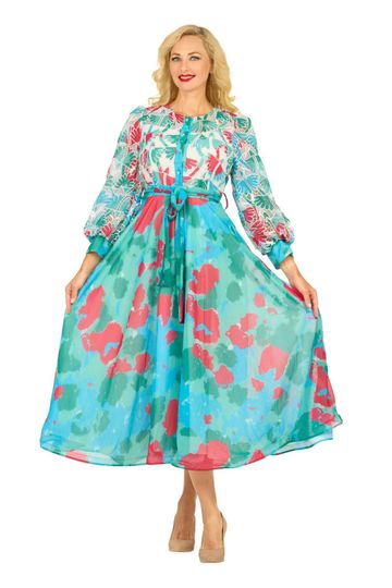 Giovanna <br> (2026) <br> GVD7222 <br> <br> Lake-Blue <br> 8 10 12 14 16 18 <br> 16w 18w 20w 22w 24w<br><br>Embroidered Floral Chiffon Maxi Dress w/Belt