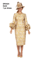 Giovanna <br> (2026) <br> GVDP2424 <br> <br> Gold <br> S M L XL 1X 2X 3X<br><br>Metallic Brocade Rosette-Cuff Midi Dress