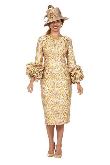 Giovanna <br> (2026) <br> GVDP2424 <br> <br> Gold <br> S M L XL 1x 2x 3x<br><br>Metallic Brocade Rosette-Cuff Midi Dress