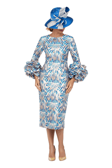 Giovanna <br> (2026) <br> GVDP2424 <br> <br> Royal <br> S M L XL 1x 2x 3x<br><br>Metallic Brocade Rosette-Cuff Midi Dress
