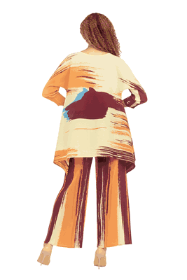 Giovanna <br> (2026) <br> GVDP2434 <br> <br> Gold/Brown <br> S M L XL 1x 2x 3x<br><br>2pc Multi Print Pants Set with Pleats