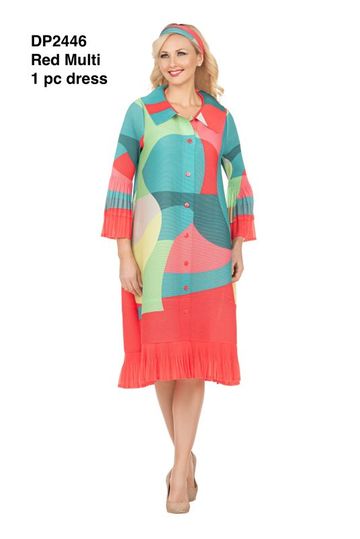 Giovanna <br> (2026) <br> GVDP2446 <br> <br> Red/Multi <br> S/M L/XL 1x/2x<br><br>Abstract Print Button Down Midi Dress in Pleats