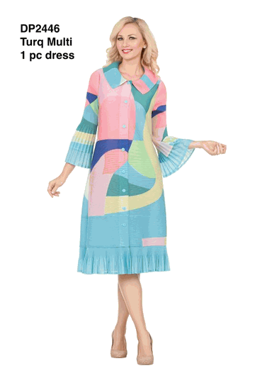 Giovanna <br> (2026) <br> GVDP2446 <br> <br> Turq-Multi <br> S/M L/XL 1X/2X<br><br>Abstract Print Button Down Midi Dress in Pleats