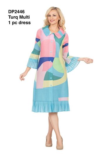 Giovanna <br> (2026) <br> GVDP2446 <br> <br> Turq/Multi <br> S/M L/XL 1x/2x<br><br>Abstract Print Button Down Midi Dress in Pleats