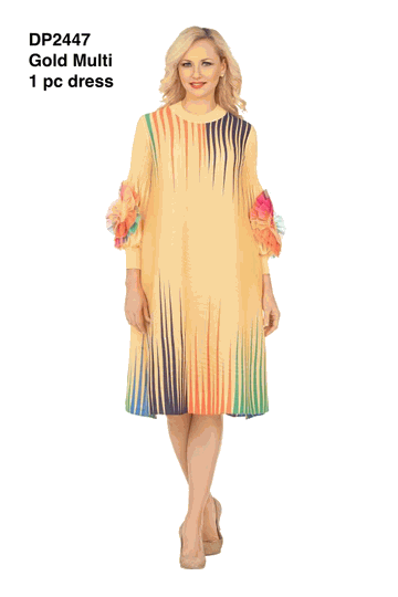 Giovanna <br> (2026) <br> GVDP2447 <br> <br> Gold-Multi <br> S/M L/XL 1X/2X<br><br>Golden Glow Pleated Dress w/ Artistic Stripe Print