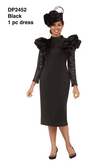 Giovanna <br> (2026) <br> GVDP2452 <br> <br> Black <br> M L XL 1X 2X 3X<br><br>Elegant Scuba Sheath Dress w/ Semi-Sheer Lace Sleeve