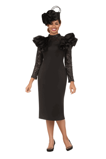 Giovanna <br> (2026) <br> GVDP2452 <br> <br> Black <br> S M L XL 1x 2x 3x<br><br>Elegant Scuba Sheath Dress w/ Semi-Sheer Lace Sleeve