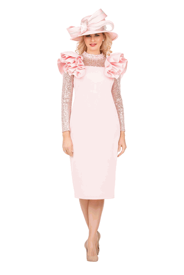 Giovanna <br> (2026) <br> GVDP2452 <br> <br> Soft-Pink <br> S M L XL 1x 2x 3x<br><br>Elegant Scuba Sheath Dress w/ Semi-Sheer Lace Sleeve
