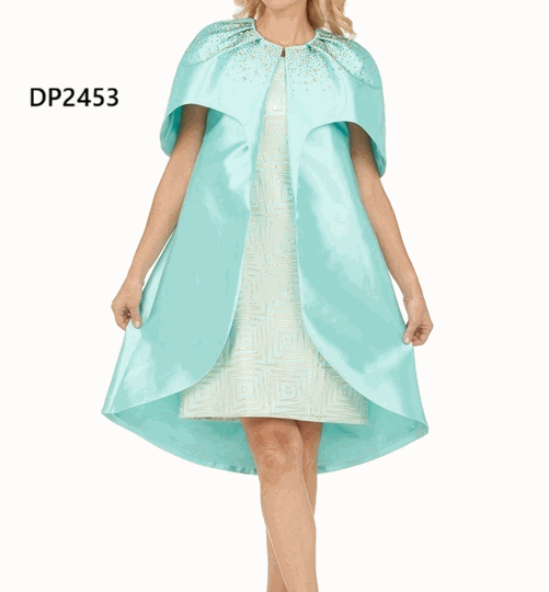 Giovanna <br> (2026) <br> GVDP2453 <br> <br> Blue <br> S M L XL 1X 2X 3X<br><br>Embellished Cape Jacket & Geometric Sheath Dress Set